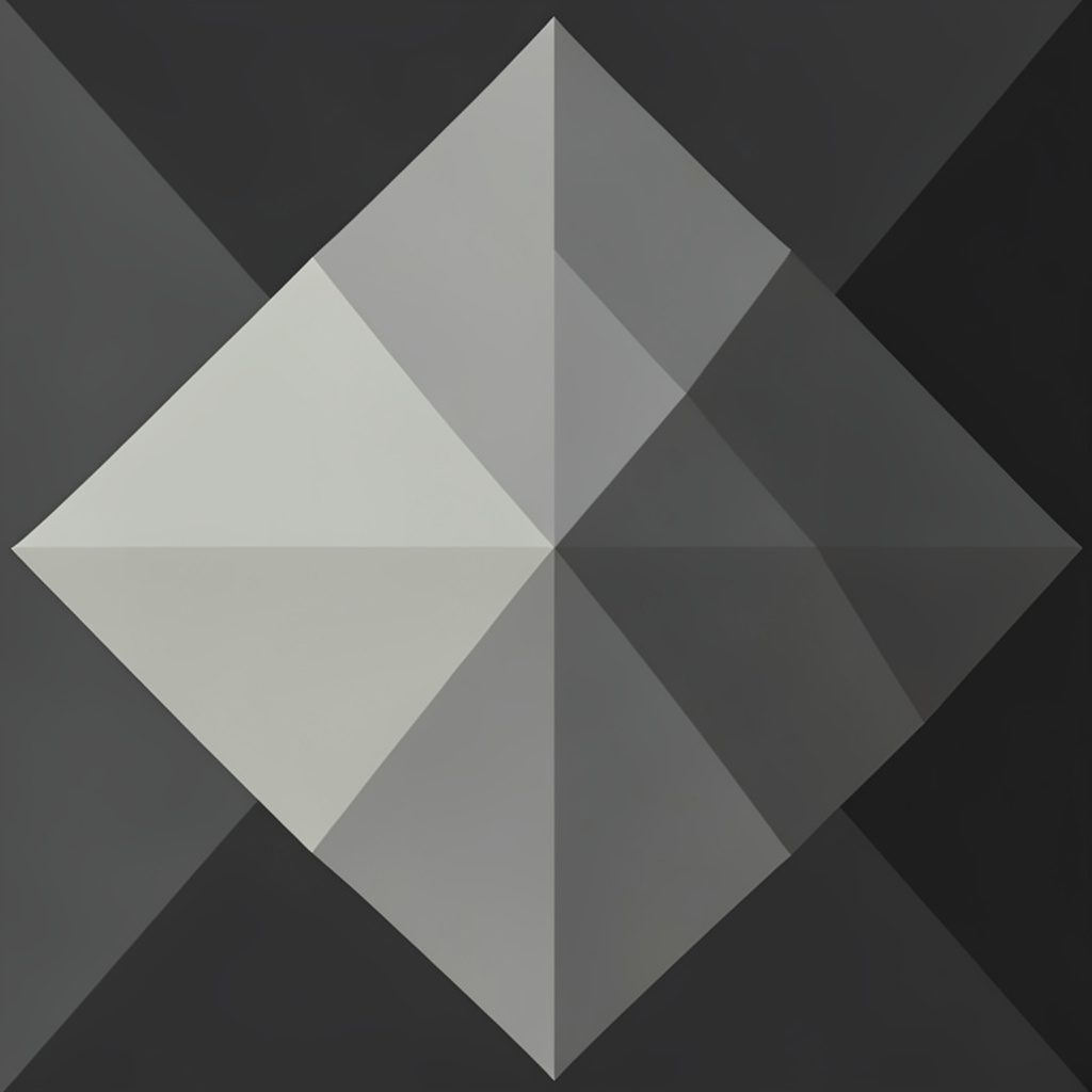 Low-poly faceted geometric still life of stacked shapes in coral, lime green, and deep teal blocks